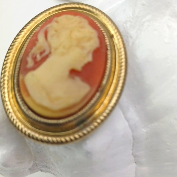 Made in Hong Kong Ivory & Pumpkin Spice Cameo Gold Tone Brooch - Picture 2 of 5